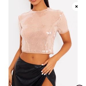 Petite Nude Sequin Short Sleeve Crop Top